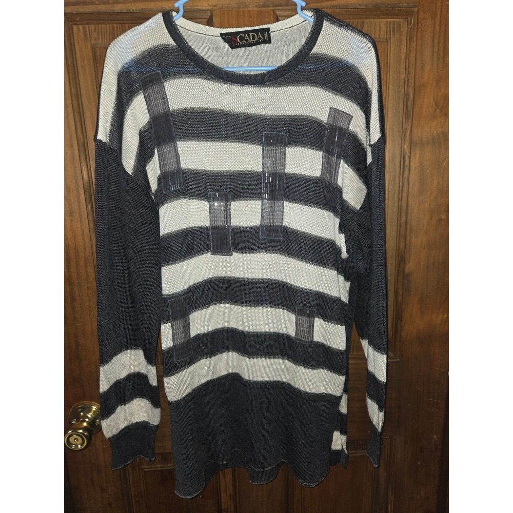 Escada by Margaretha‎ Ley Vintage Sequin Striped Linen Blend Sweater Grey/Cream